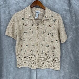 Vtg Koret Francisca Beige Crochet Floral Embroidered Cottagecore Size Medium